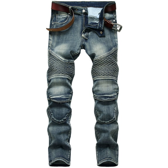 Ginsiom Mens Jeans Stretch Fit Destroyed Straight Biker Denim Pants