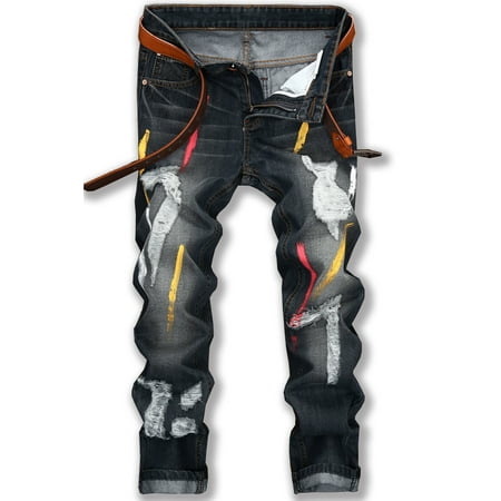 Ginsiom Mens Slim Fit Ripped Jeans Distressed Printed Denim Pants