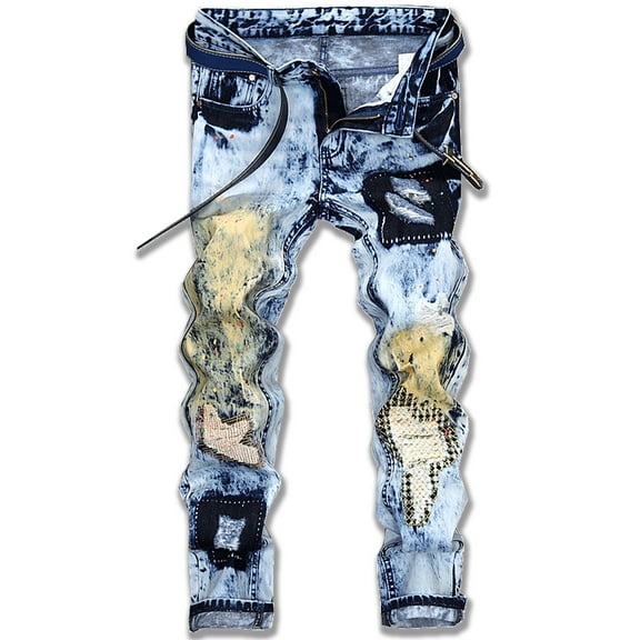 Ginsiom Mens Slim Fit Ripped Jeans Distressed Printed Denim Pants