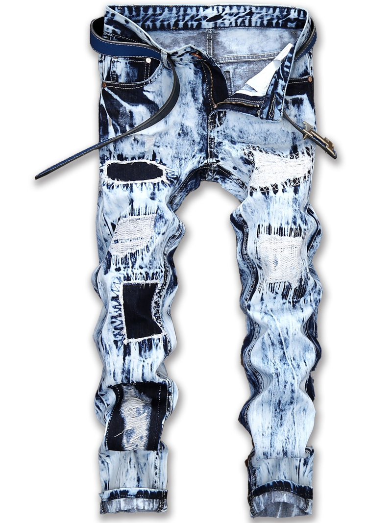 Ginsiom Biker Style Men's Slim Fit Ripped Jeans Distressed Printed