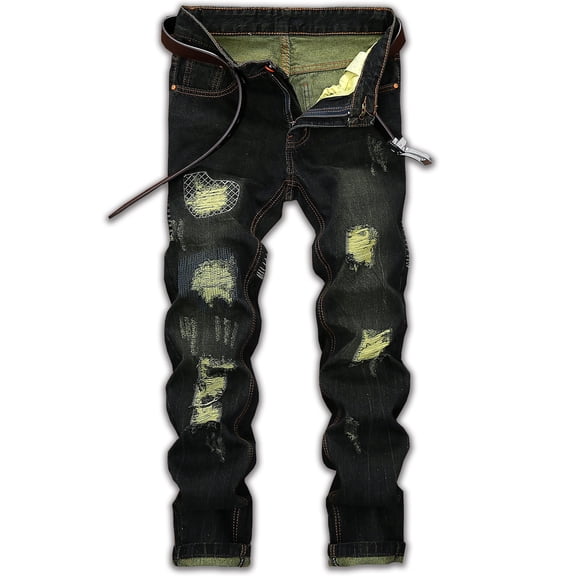 Ginsiom Mens Slim Fit Ripped Jeans Distressed Printed Denim Pants