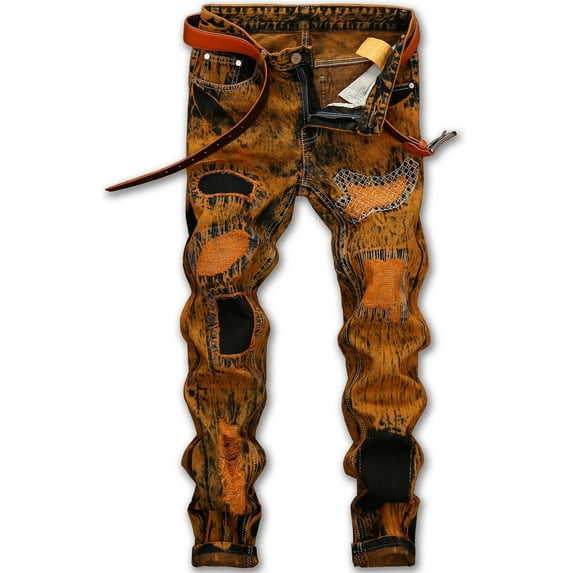 Ginsiom Mens Slim Fit Ripped Jeans Distressed Printed Denim Pants