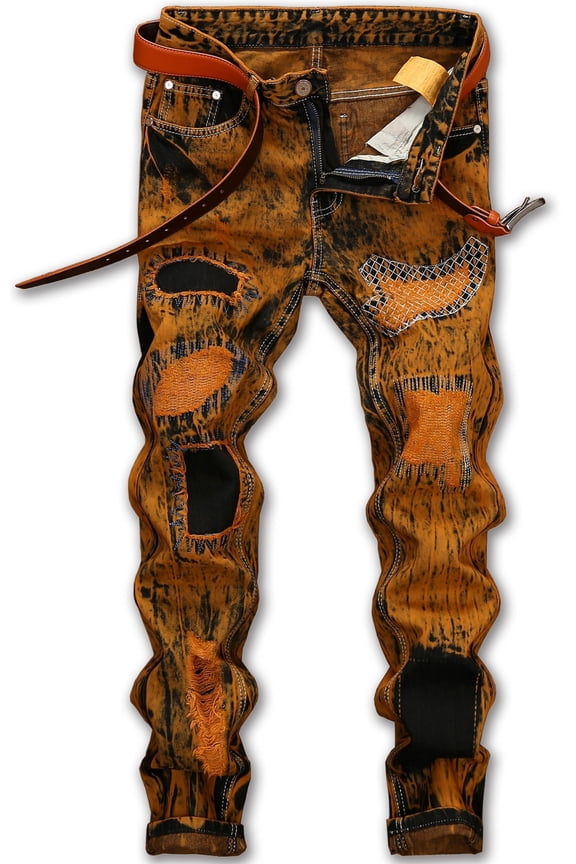 Mens Slim Fit Ripped Jeans Distressed Printed Denim Pants