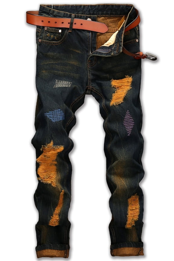 Mens Slim Fit Ripped Jeans Distressed Printed Denim Pants