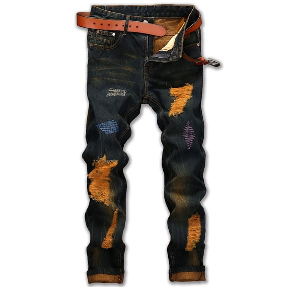 Ginsiom Mens Slim Fit Ripped Jeans Distressed Printed Denim Pants