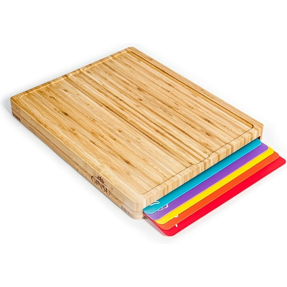 Ginsu Bamboo Wood Cutting Board Set with 6 Color-Coded Mats and Food Icons for Easy Meal Prep and Cleanup