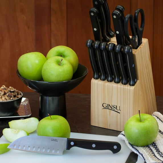 Ginsu Essential Series 14-Piece Stainless Steel Serrated Knife Set ? Cutlery Set with Black Kitchen Knives in a Natural Block, GES-KB-DS-014-5
