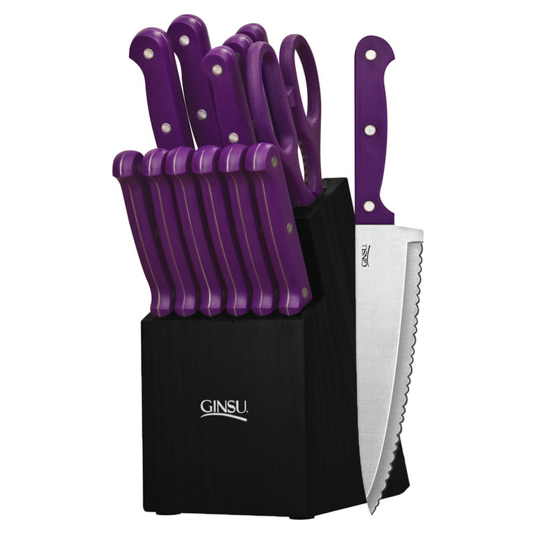 Ginsu Essential Series 14-Piece Stainless Steel Serrated Knife Set - Cutlery  Set with Purple Kitchen Knives in a Black Block, 03891DS 