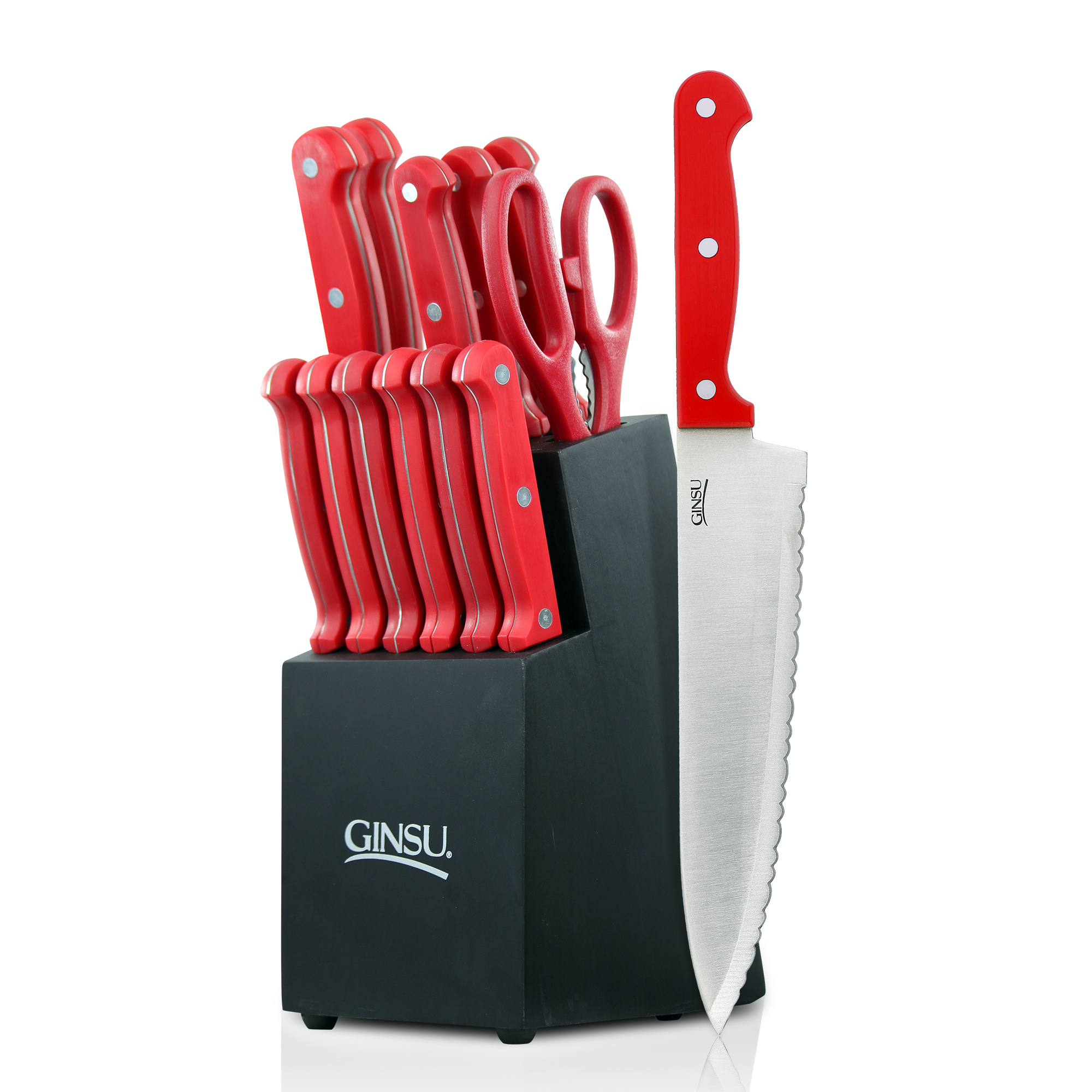Ginsu Essential Series 14-Piece Stainless Steel Serrated Knife Set - Cutlery Set with Red Kitchen Knives in a Black Block, 03887DS - image 1 of 14