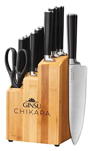 Ginsu Gourmet Chikara Series Forged 12-Piece Japanese Steel Knife Set - Cutlery Set with 420J Stainless Steel Kitchen Knives - Bamboo Finish Block,