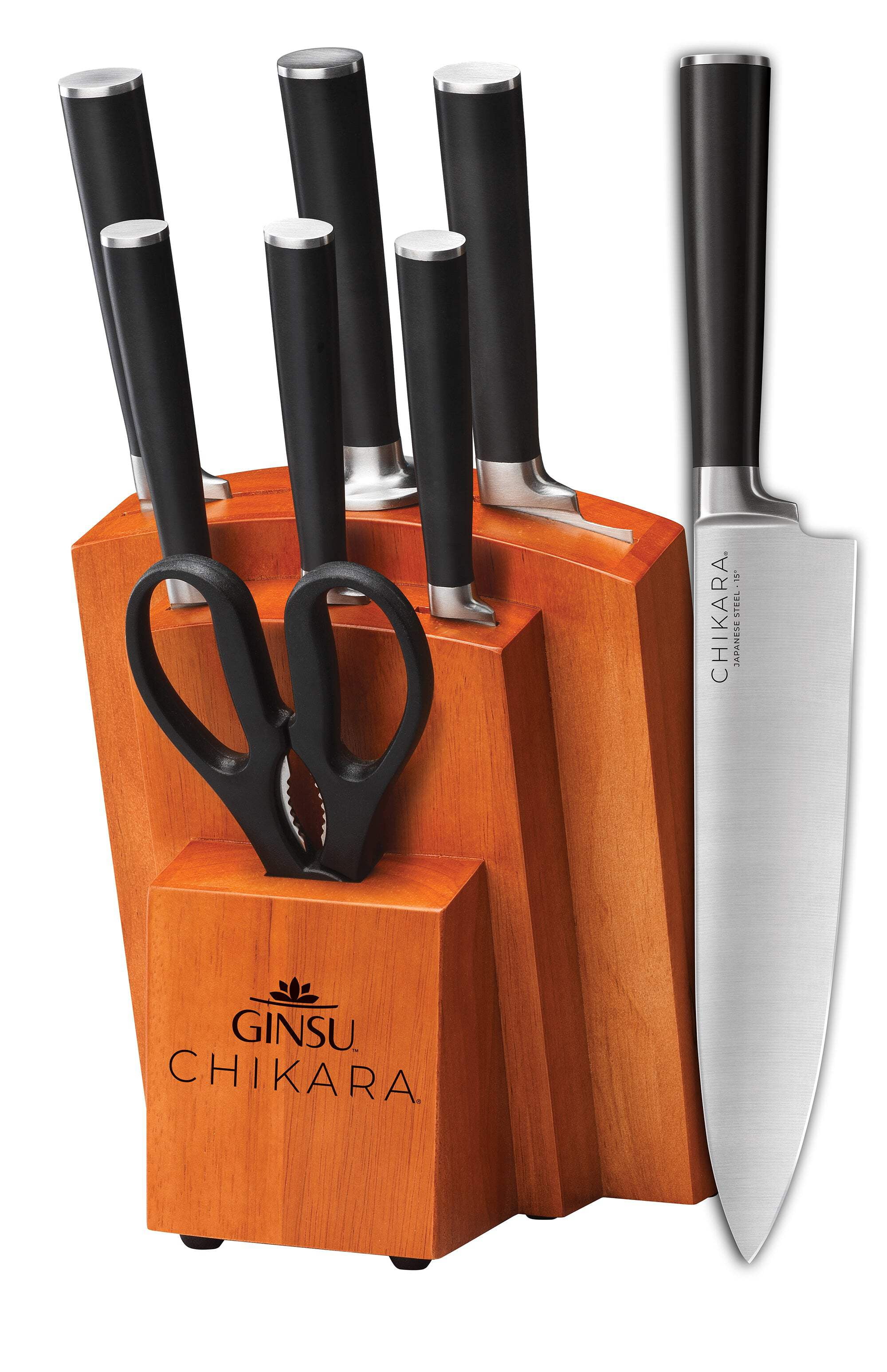 Ginsu Chikara 8pc Knife Block Set Toffee: Stainless Steel Kitchen Knives, Full Tang, Ergonomic Design, Hand Wash