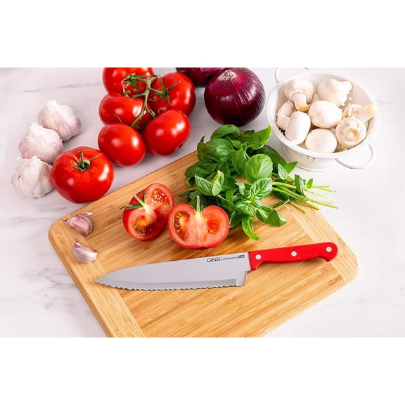 Ginsu Kiso 14-Piece Red Knife Set with Black Wood Block - Forever Stainless Steel Kitchen Cutlery Collection Dishwasher Safe Full Tang Handles