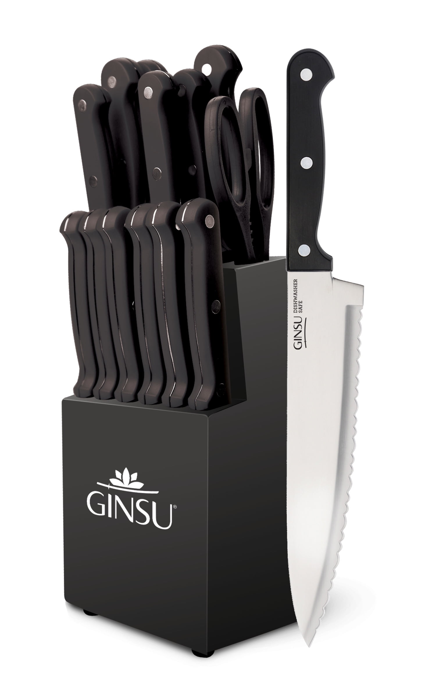 Ginsu Kiso Dishwasher Safe Black 14-Piece Cutlery Set Black Block, Serrated Stainless Steel