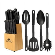 Ginsu Kiso Dishwasher Safe Black 18-Piece Cutlery Set Natural Block, Serrated Stainless Steel