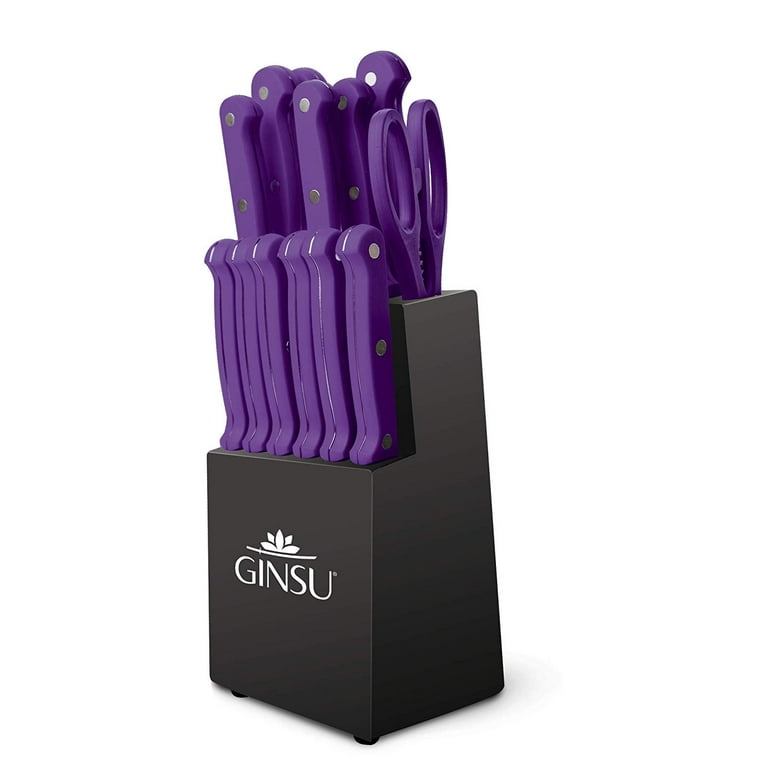 Ginsu Kiso Kitchen Tableware 14 Piece Knife Set Dishwasher Safe Purple Handles Black Block Serrated Stainless Steel Walmart