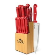 Ginsu Kiso Dishwasher Safe Red 14-Piece Cutlery Set Natural Block, Serrated Stainless Steel