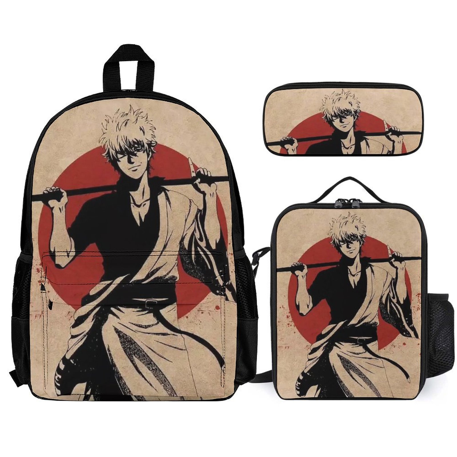 Gintama Backpack Bag Adjustable Shoulder Daypack Laptop Bag with Lunch Box Pencil Case Schoolbag 3 Piece Set Combination