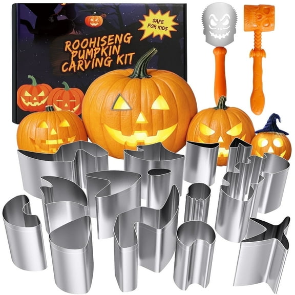 Pumpkin Carving Tool Kit with Stainless Steel Molds, 16-Piece Decorating Kit,Use to Make Beautiful Pumpkin Light Shapes!