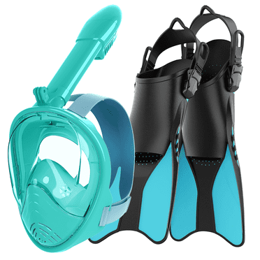 Gintenco Snorkel Set for Kid, Full Face Snorkel Mask & Adjustable Swim Fins, Panoramic View Dry Top Green