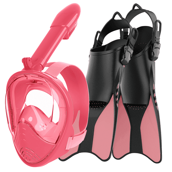 Gintenco Snorkel Set for Kid, Full Face Snorkel Mask & Adjustable Swim Fins, Panoramic View Dry Top Pink