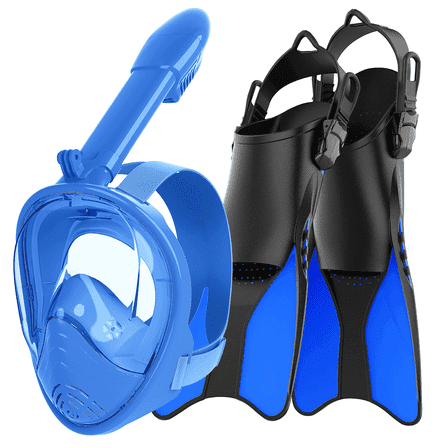 Gintenco Snorkel Set for Kid, Full Face Snorkel Mask & Adjustable Swim Fins, Panoramic View Dry Top Blue