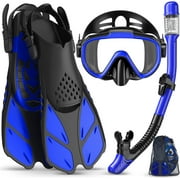 Gintenco Snorkeling Gear for Adults ,4 in 1 Snorkel Set with Panoramic View Diving Mask Anti-Fog Anti-Leak,Dry Top Snorkel,Fins and Travel Bag for Swimming,Snorkeling and Travel Diving Blue-S