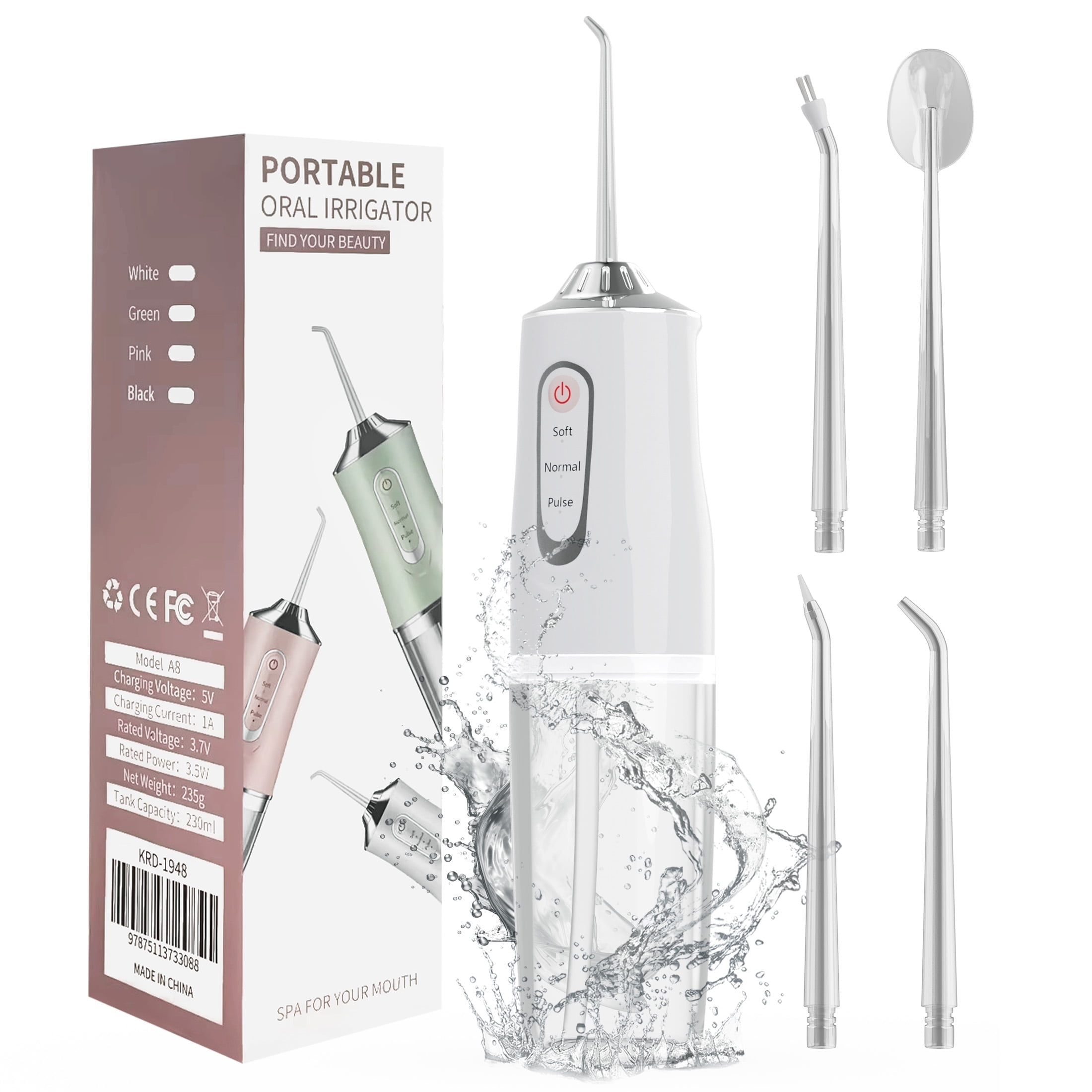 Gintenco water flossers for teeth, 3-mode oral irrigator with 230 ml water tank, for home and travel, 4 nozzles, white