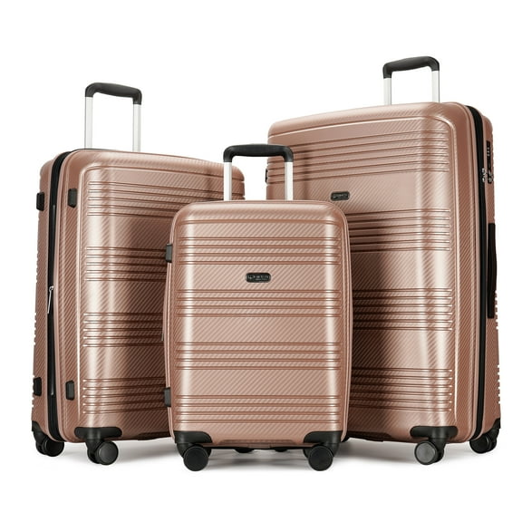 Ginza Travel 3 Piece Hardside Expandable Luggage Sets (20"/25"/29"),PP Hard Shell Suitcase Sets Double Spinner Wheels,Rose Gold