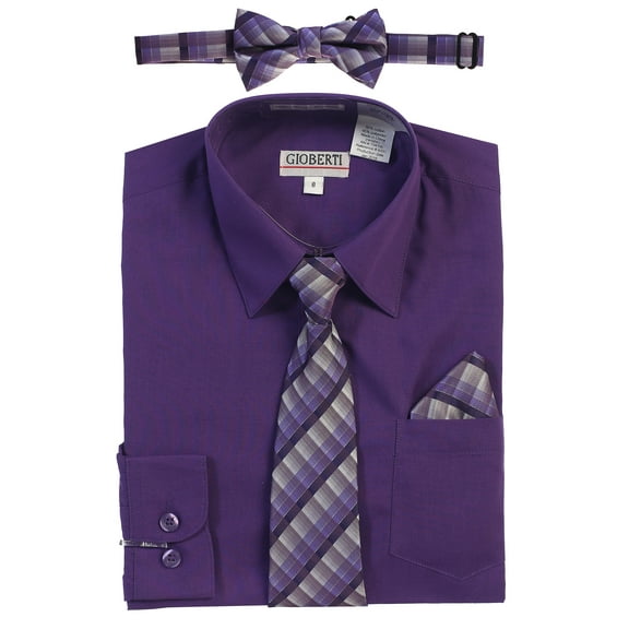 Gioberti Boy's Long Sleeve Dress Shirt   Plaid Tie, Bow Tie and Hanky