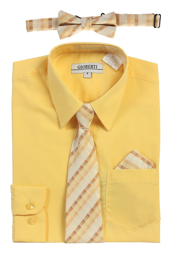 Boy's Long Sleeve Dress Shirt + Plaid Tie, Bow Tie and Hanky