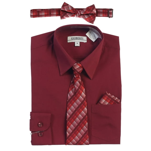 Gioberti Boy's Long Sleeve Dress Shirt   Plaid Tie, Bow Tie and Hanky