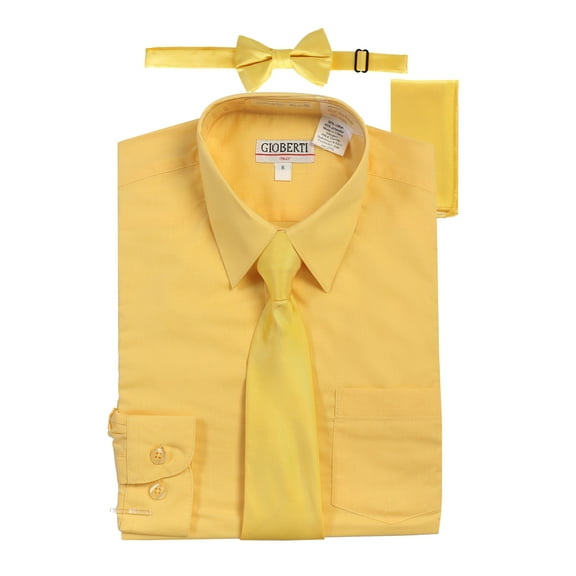Gioberti Boy's Long Sleeve Dress Shirt Solid Tie, Bow Tie, and Hanky