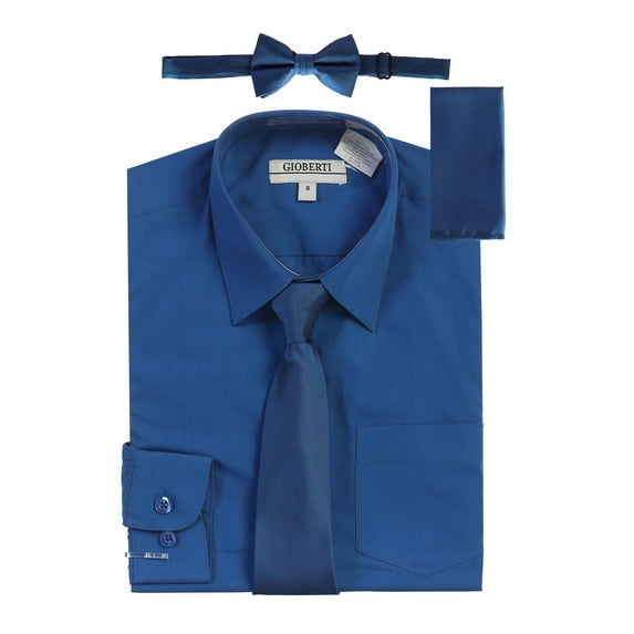 Gioberti Boy's Long Sleeve Dress Shirt + Solid Tie, Bow Tie, and Hanky