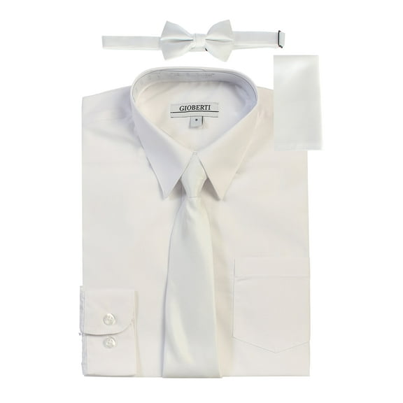 Gioberti Boy's Long Sleeve Dress Shirt Solid Tie, Bow Tie, and Hanky