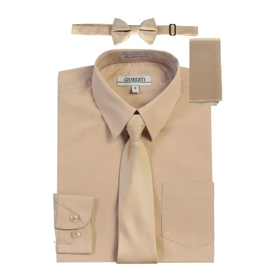 Gioberti Boy's Long Sleeve Dress Shirt Solid Tie, Bow Tie, and Hanky