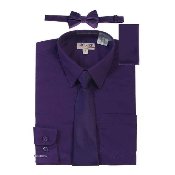 Gioberti Boy's Long Sleeve Dress Shirt   Solid Tie, Bow Tie, and Hanky