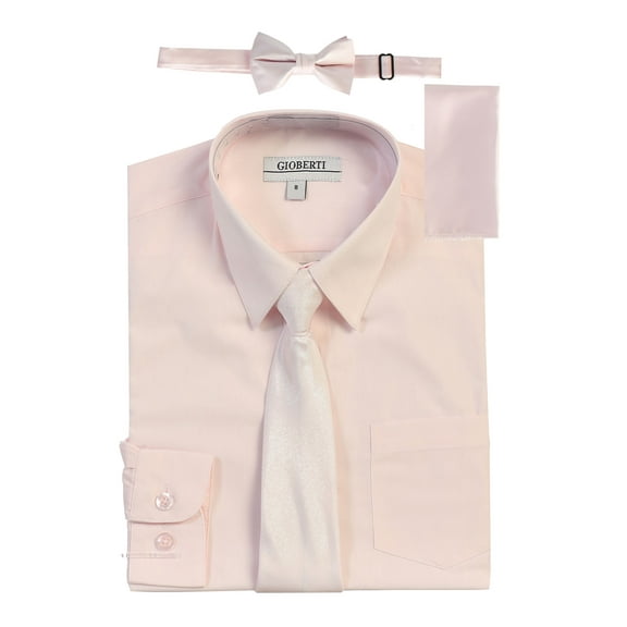Gioberti Boy's Long Sleeve Dress Shirt + Solid Tie, Bow Tie, and Hanky