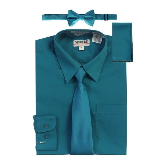 Gioberti Boy's Long Sleeve Dress Shirt + Solid Tie, Bow Tie, and Hanky