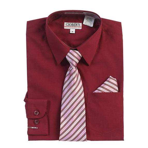 Gioberti Boy's Long Sleeve Dress Shirt + Stripe Tie, Bow Tie and Hanky