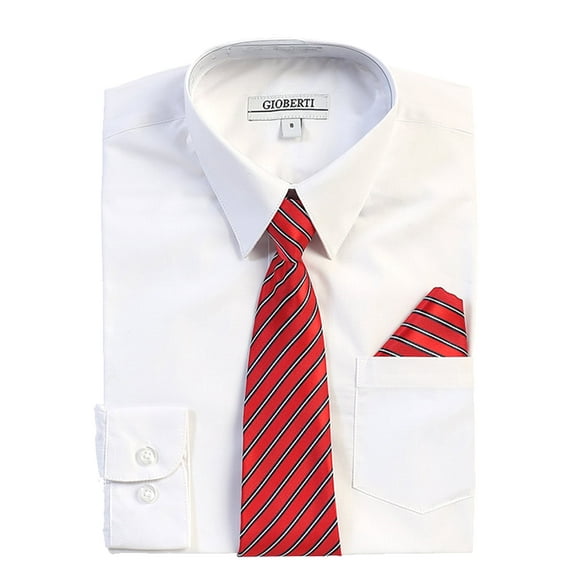Gioberti Boy's Long Sleeve Dress Shirt + Stripe Tie, Bow Tie and Hanky