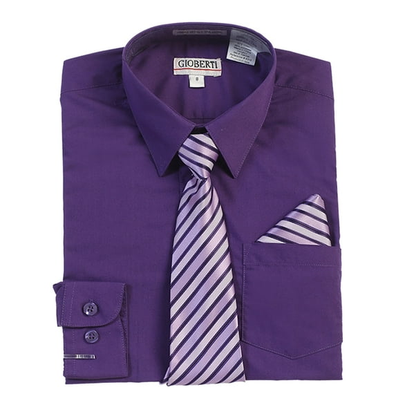 Gioberti Boy's Long Sleeve Dress Shirt + Stripe Tie, Bow Tie and Hanky