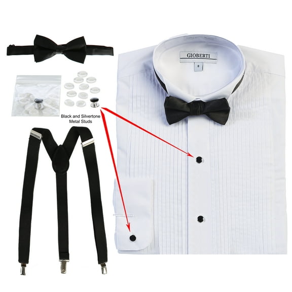 Gioberti Boy's Wing Tip Collar White Tuxedo Dress Shirt with Bow Tie and Metal Studs