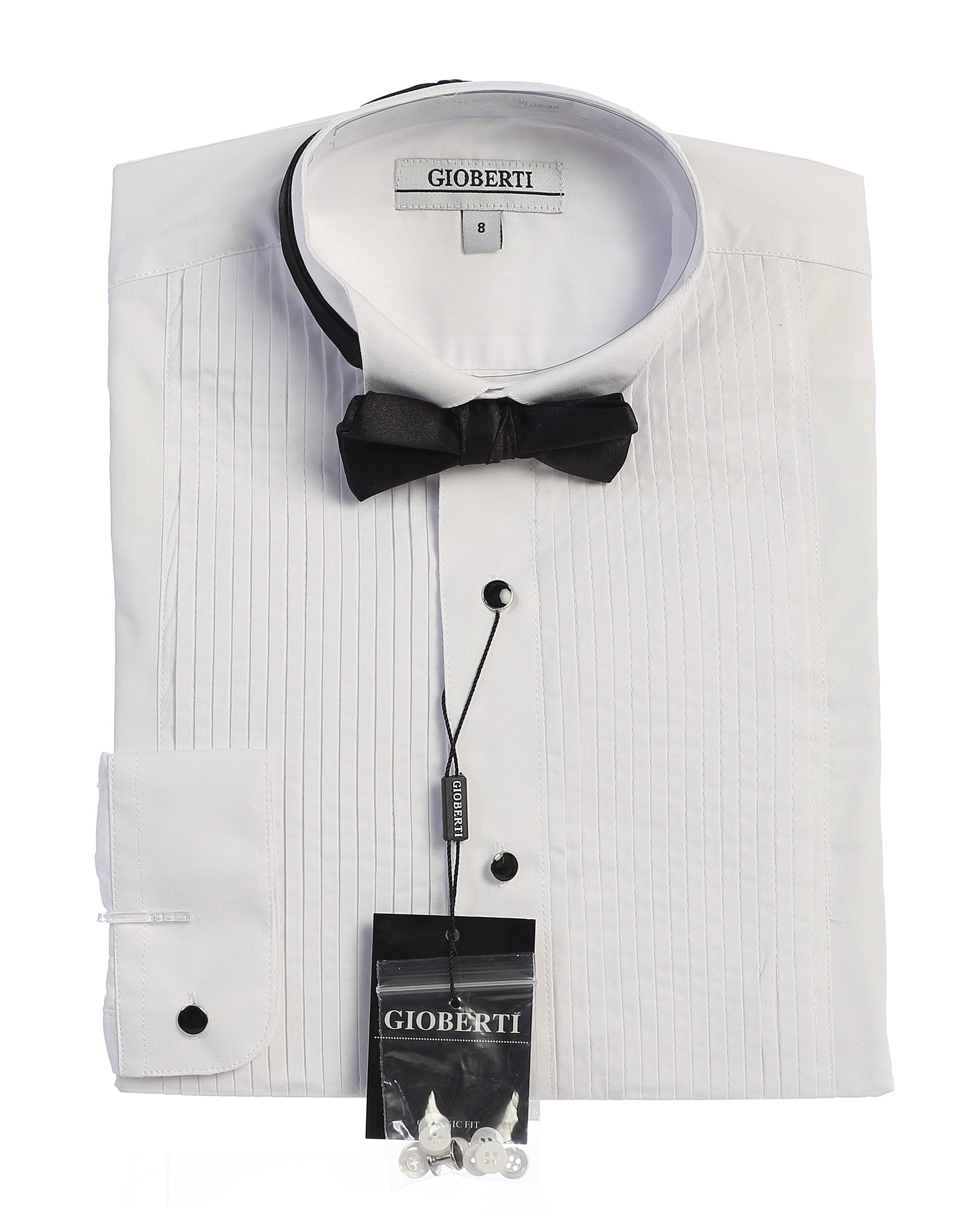 Gioberti Boy's Wing Tip Collar White Tuxedo Dress Shirt with Bow Tie