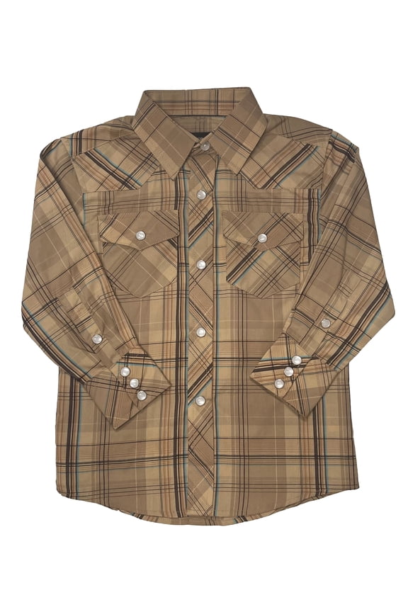 Boys Casual Western Plaid Long Sleeve Pearl Snaps Shirt