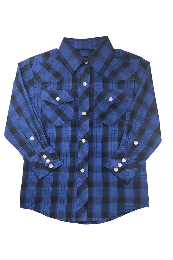 Boys Casual Western Plaid Long Sleeve Pearl Snaps Shirt
