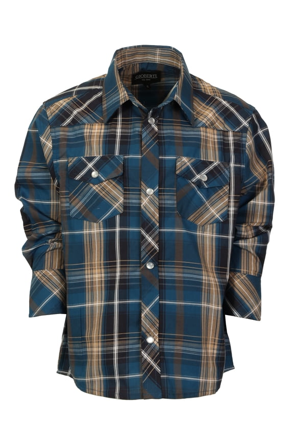 Boys Casual Western Plaid Long Sleeve Pearl Snaps Shirt
