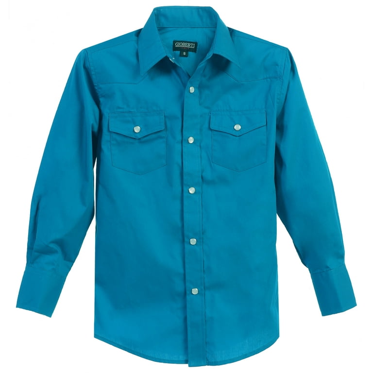 Gioberti Little Boys Casual Western Solid Long Sleeve Shirt with Pearl Snaps, Light Blue 8 / Light Blue