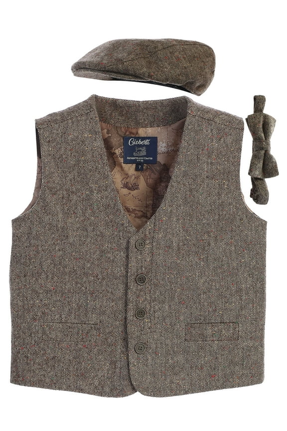 Kids and Boys 3pc Tweed Vest with Matching Cap and Bow Tie