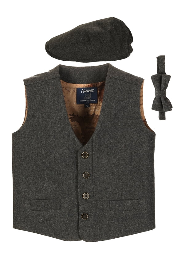Kids and Boys 3pc Tweed Vest with Matching Cap and Bow Tie
