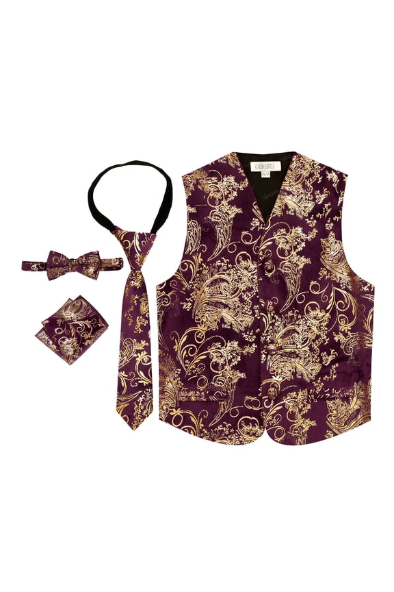 Kids and Boys 4pc Paisley Vest Set - Vest, Bowtie, Tie, Pocket Square